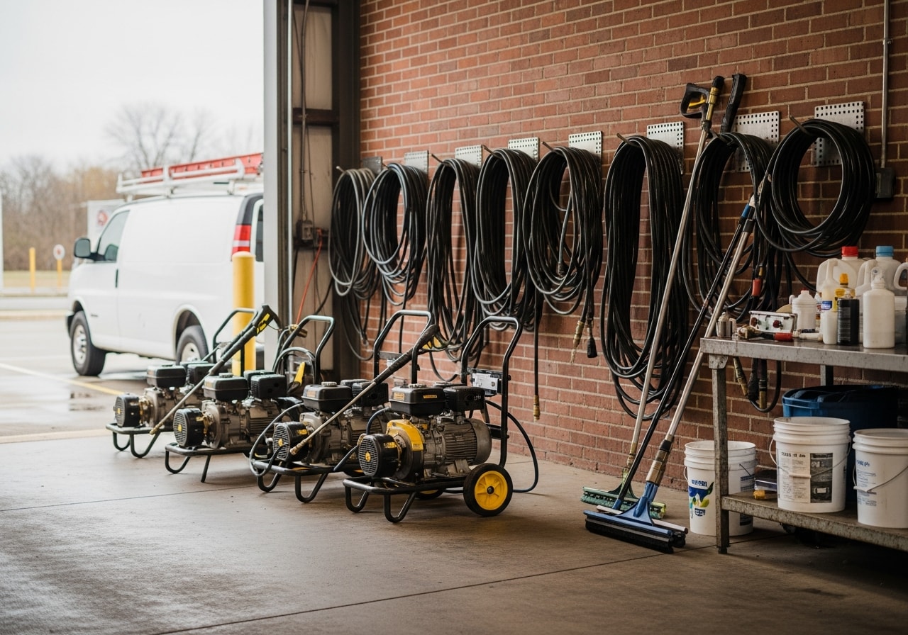 Professional cleaning crew with power washing equipment and tools ready for service.