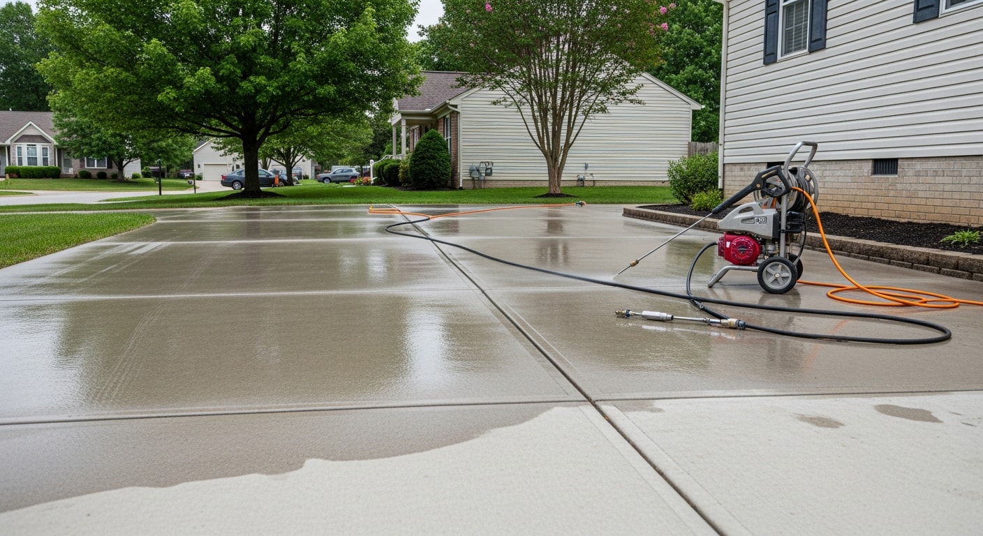 Professional power washing equipment cleaning a residential driveway