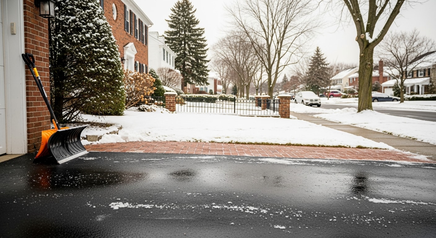 Snow removal equipment clearing a residential driveway after winter storm