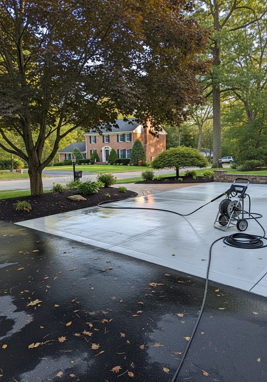 Residential driveway and patio in Bergen County neighborhood with mature trees