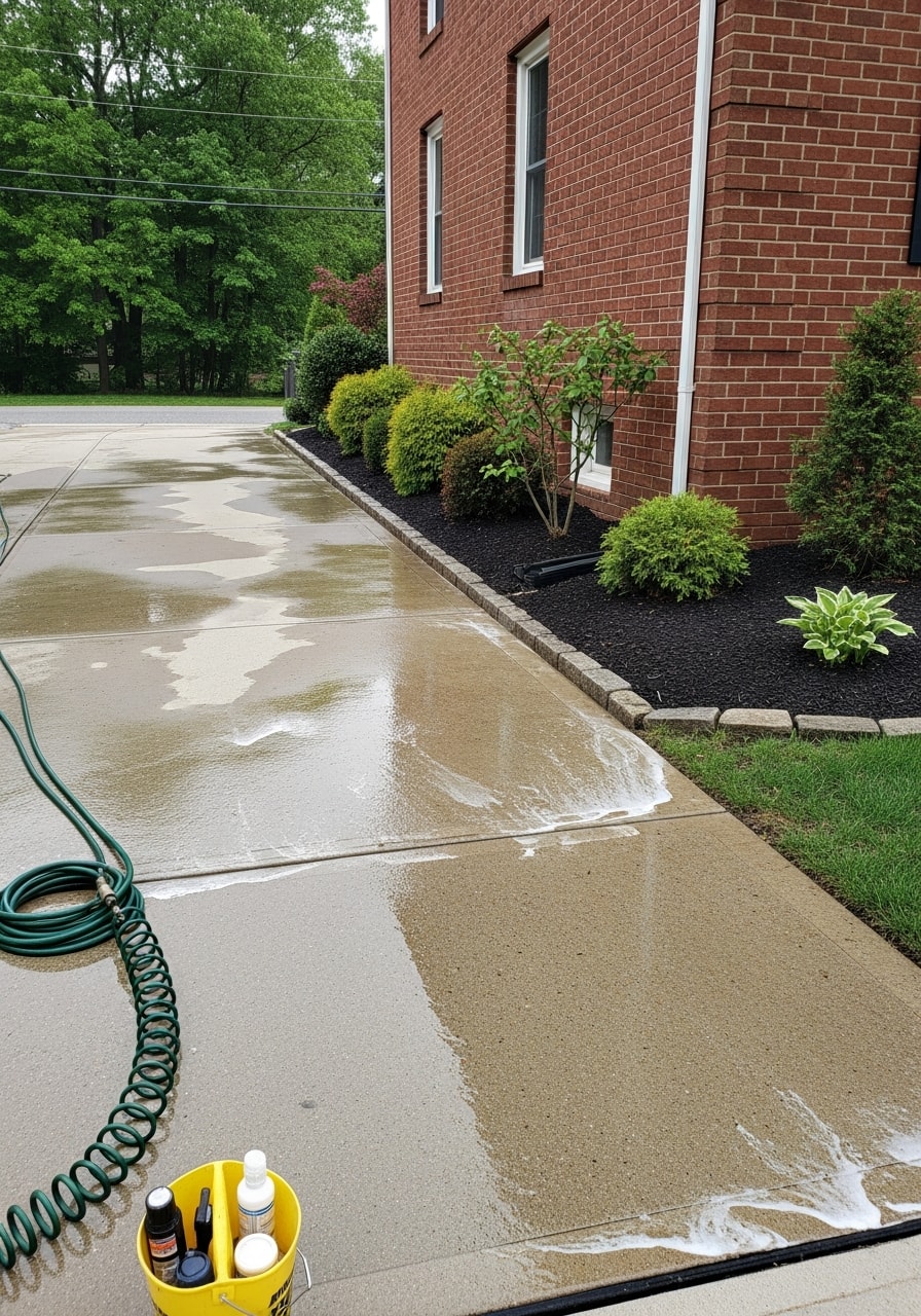 Residential driveway and patio in Essex County suburban neighborhood ready for professional pressure washing