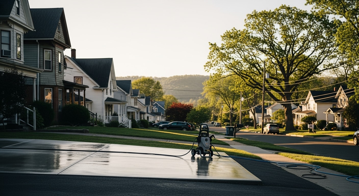 Scenic view of Orange County, NY showing Hudson River valley landscape with residential and commercial properties