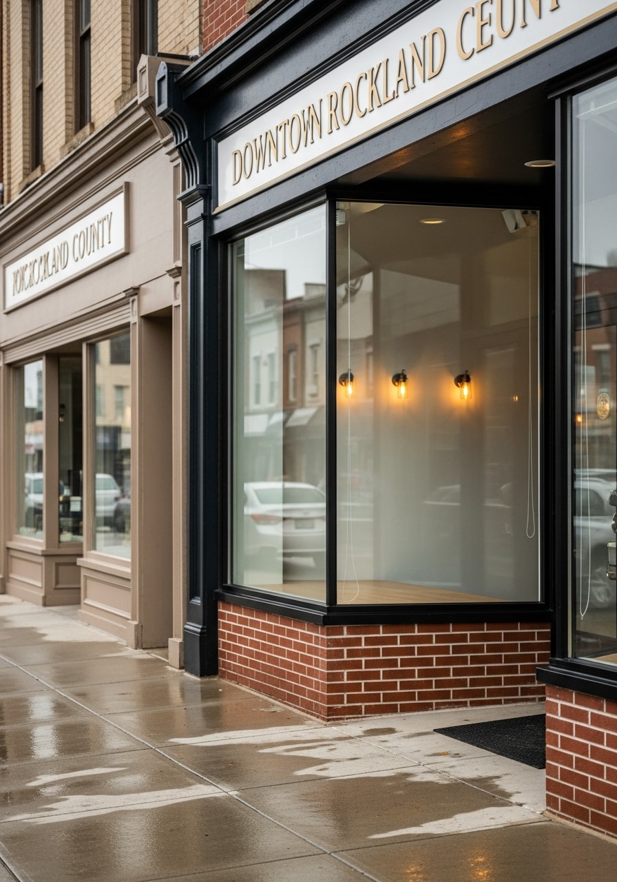 Commercial storefront in downtown Rockland County with clean windows and well-maintained exterior