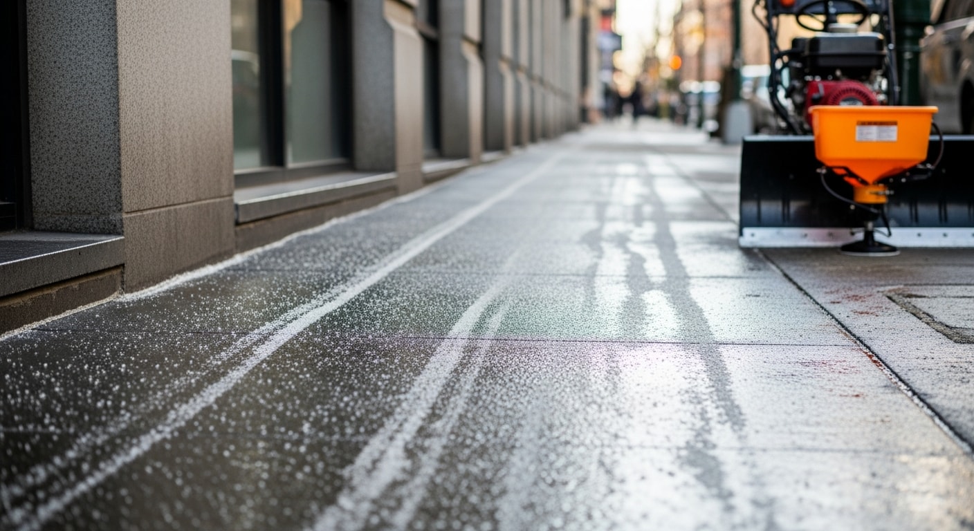 A commercial property sidewalk in New York fully cleared of snow and ice after a winter storm, with a clean 4-foot path visible along the building front. A parking lot behind the building is plowed with snow pushed to the perimeter, and the adjacent fire hydrant is fully accessible.