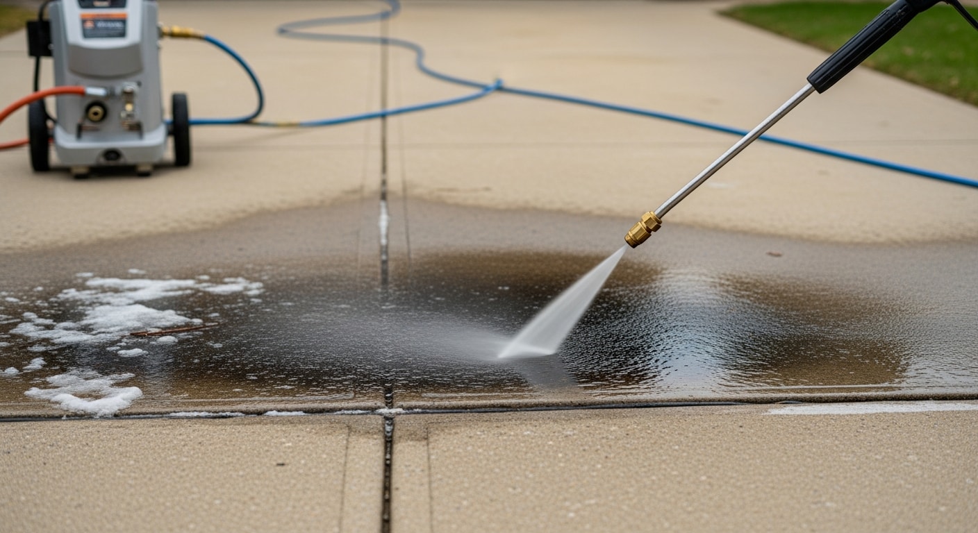 A residential driveway in New York after professional pressure washing by Mack Enterprises, showing clean concrete free of oil stains, road salt residue, and surface grime. The cleaned surface contrasts with a visibly darker, stained section still awaiting treatment.