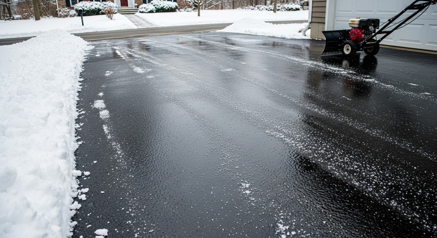 A cleared residential driveway in New York with snow pushed to the sides and a clean path from the garage to the street. A snow-covered yard and parked vehicles are visible in the background, showing post-storm conditions typical of a New York winter.