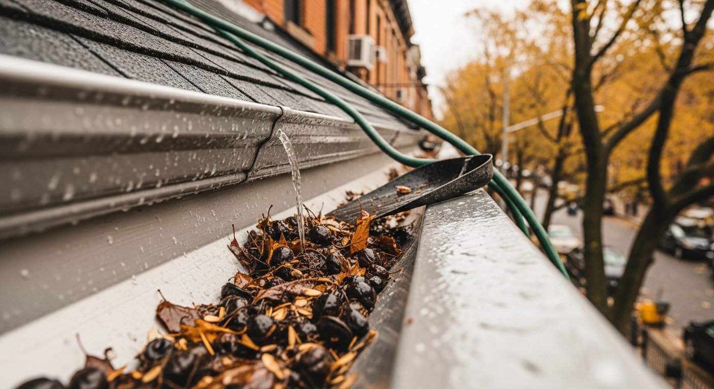 A Mack Enterprises technician clearing packed leaf debris and seed pods from the gutters of a New York row house. The downspout runs cleanly along the brick facade after the service is complete.