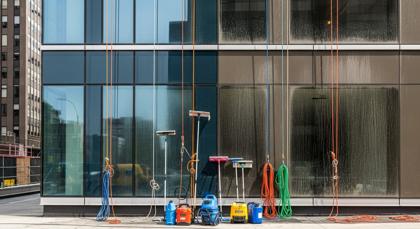 A certified window cleaning technician on a suspended platform cleaning the exterior glass facade of a high-rise building in New York City. The image shows the technician working several stories above street level with safety lines and harness equipment visible.