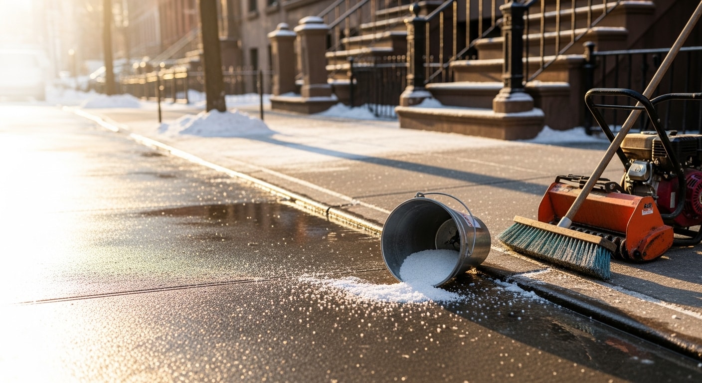 A cleared New York City sidewalk in front of a multi-story building after ice removal, showing a wide, dry path along the curb cut and pedestrian ramp. A Mack Enterprises crew member applies traction material to a remaining patch of hard-frozen ice near the building entry.