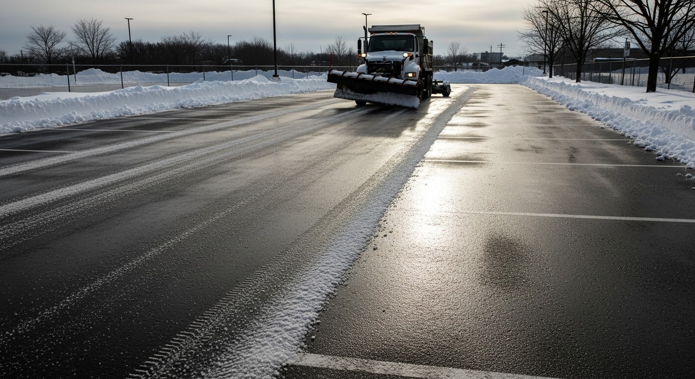 A cleared commercial parking lot in New York with plowed snow stacked along the perimeter and dry drive lanes visible after a winter storm. A commercial building entrance is visible in the background with treated walkways leading from the lot.