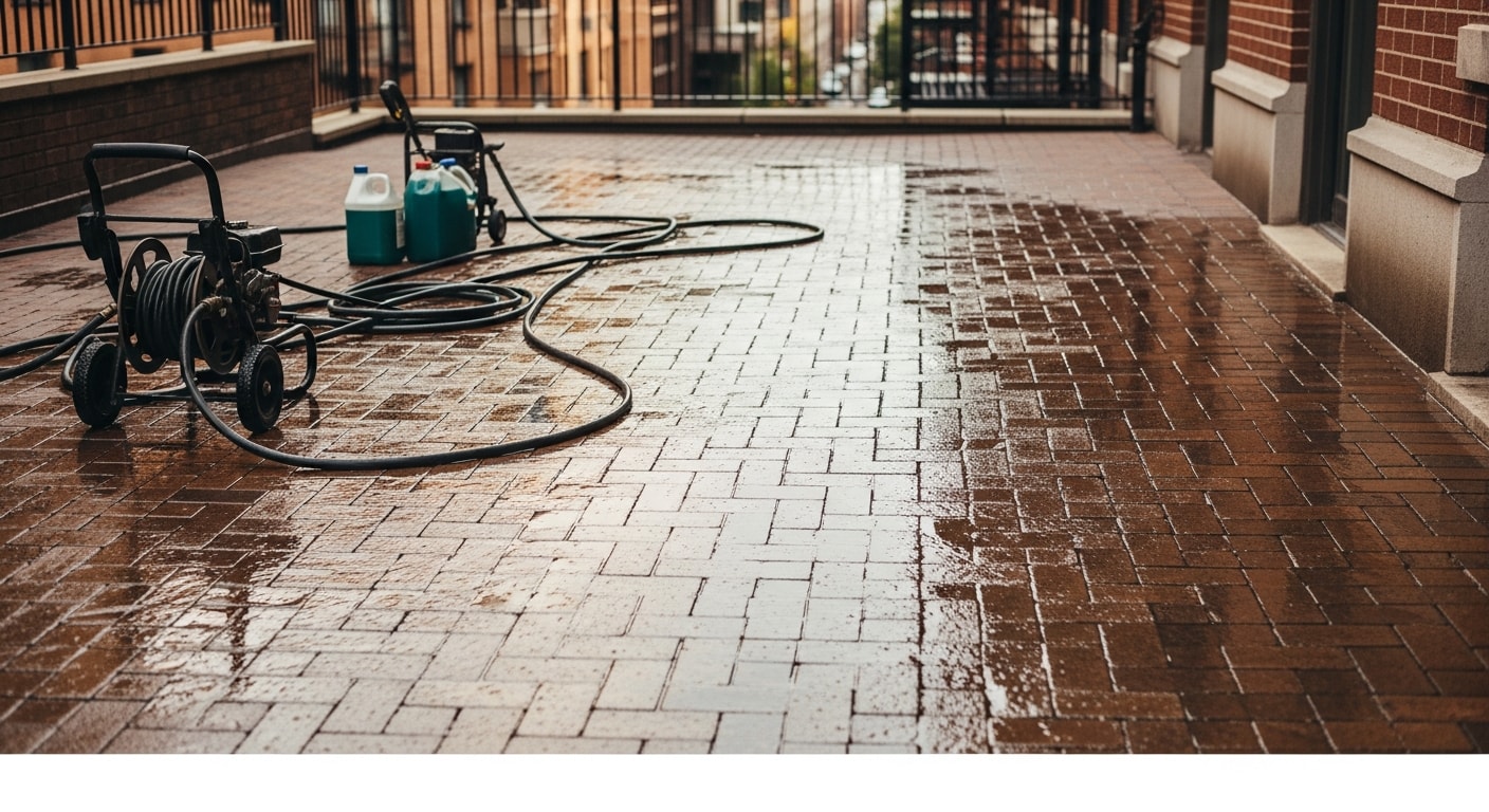 A New York residential patio after professional pressure washing by Mack Enterprises, showing clean concrete pavers with algae and urban grime fully removed. The surface is dry, evenly colored, and free of dark staining or organic growth.