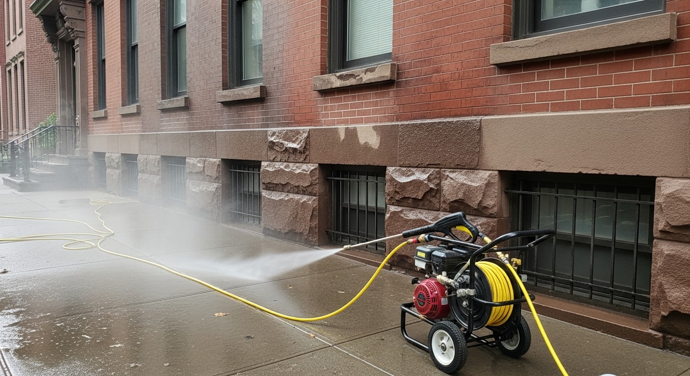 A technician from Mack Enterprises power washing a grimy brick building exterior on a New York City street. The left side of the facade shows dark staining and road grime, while the right side is clean and restored after pressure washing.