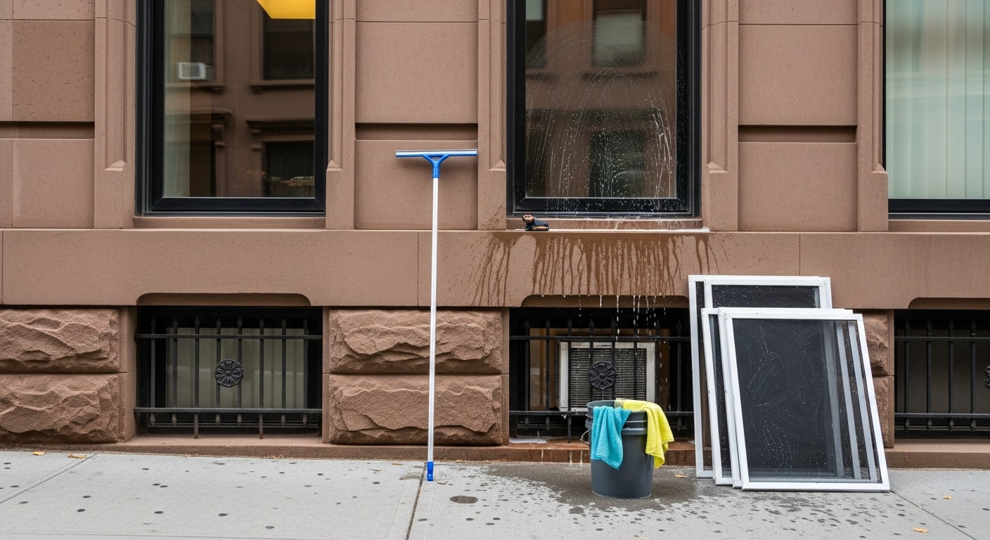 A Mack Enterprises technician cleaning the exterior windows of a multi-story New York residential brownstone, with streak-free glass reflecting the surrounding streetscape. Close-up view shows clean, clear panes against a brick facade typical of New York City homes.