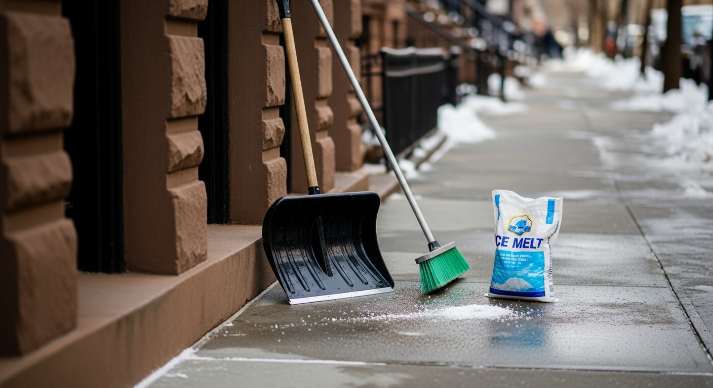 A freshly cleared New York City sidewalk showing a wide, ice-free path in front of a residential building after a winter snowstorm. Snow is piled to the side of the walkway with the curb cut visibly cleared to the street.
