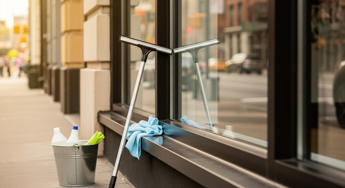 A Mack Enterprises technician cleaning the exterior glass of a ground-level New York storefront, with a clear streak-free result visible on the finished pane. The street-facing window reflects the sidewalk and shows clean, unobstructed visibility into the business interior.