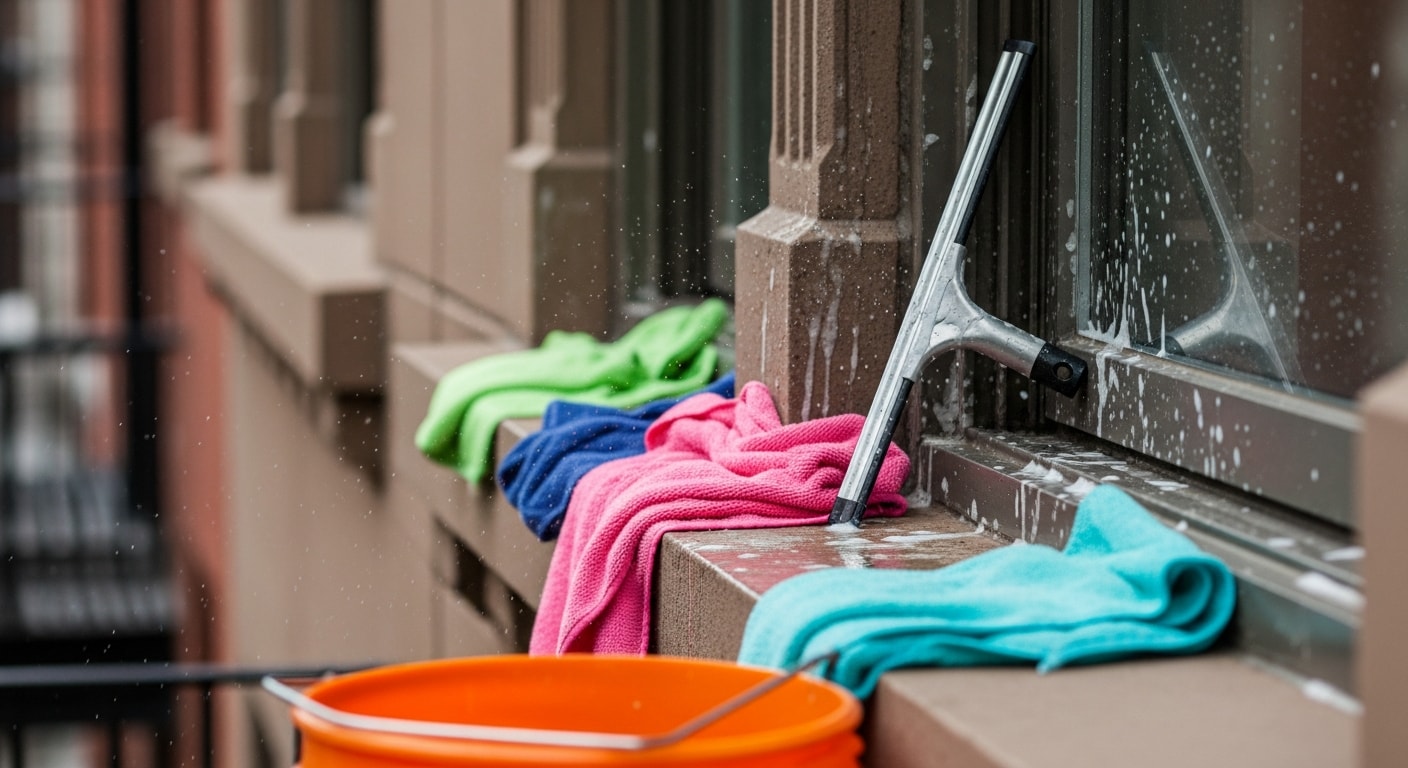A window cleaning technician wiping down a grimy aluminum window frame on a New York residential building exterior. The cleaned section of the frame shows a clear contrast against the soot-stained surface still awaiting cleaning.